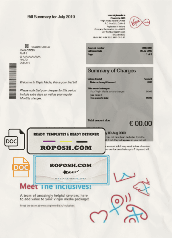 Ireland Virgin Media utility bill template in Word and PDF format, version 2