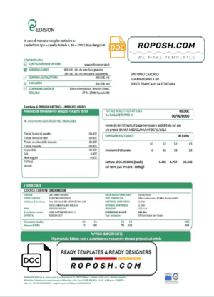 Italy Edison utility bill template in Word and PDF format, good for address prove