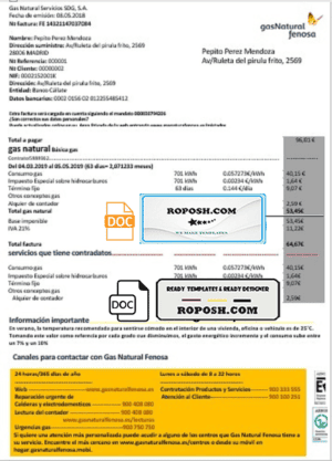 Spain gasNatural fenosa utility bill template in Word and PDF format
