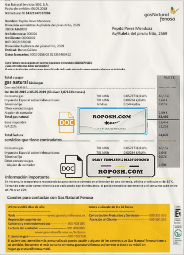 Spain gasNatural fenosa utility bill template in Word and PDF format