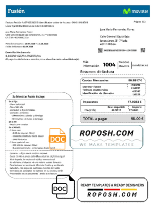 Spain Movistar Fusion telecom operator utility bill document in Word and PDF format