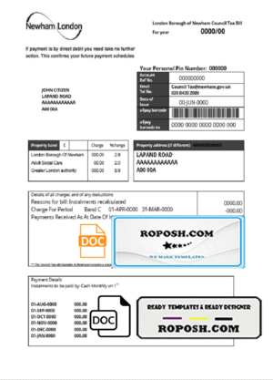 United Kingdom London of Borough of Newham council tax bill template in Word and PDF format