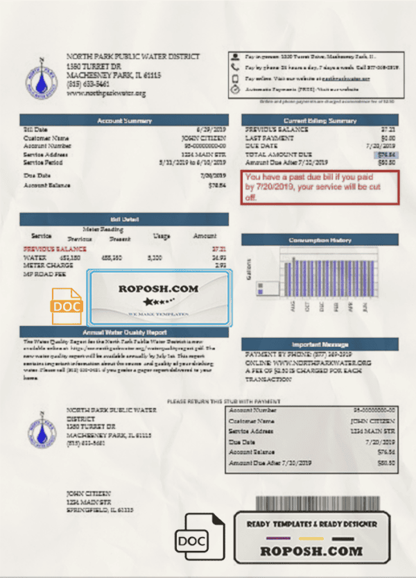 USA Illinois North Park Public Water District IL utility bill template in Word and PDF format