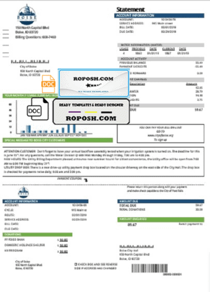 USA Idaho Boise City of Trees water utility bill template in Word and PDF format