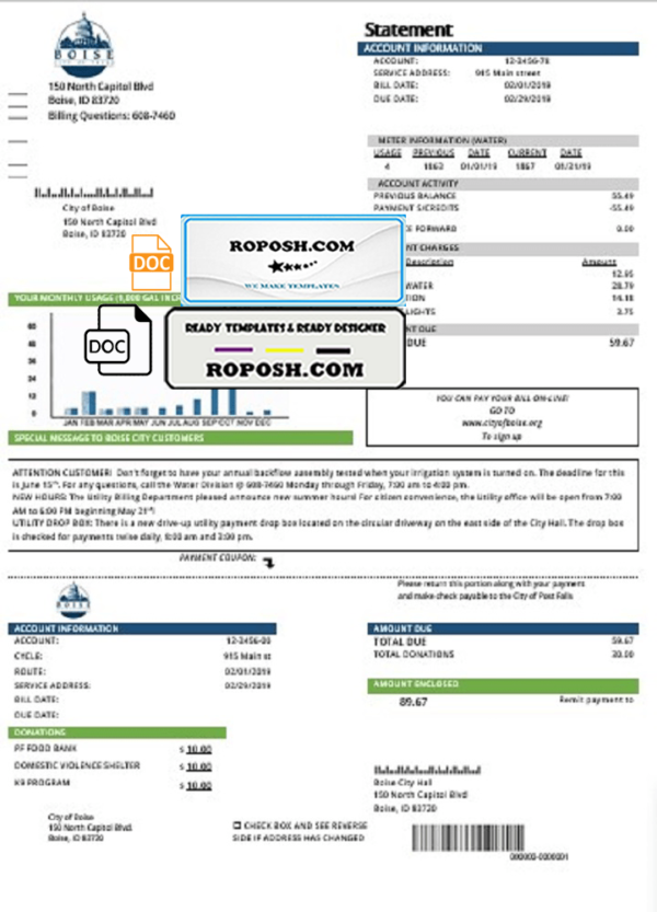USA Idaho Boise City of Trees water utility bill template in Word and PDF format
