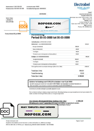 Belgium Electrabel electricity utility bill template, fully editable in Word and PDF format