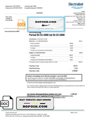 Belgium Electrabel electricity utility bill template, fully editable in Word and PDF format