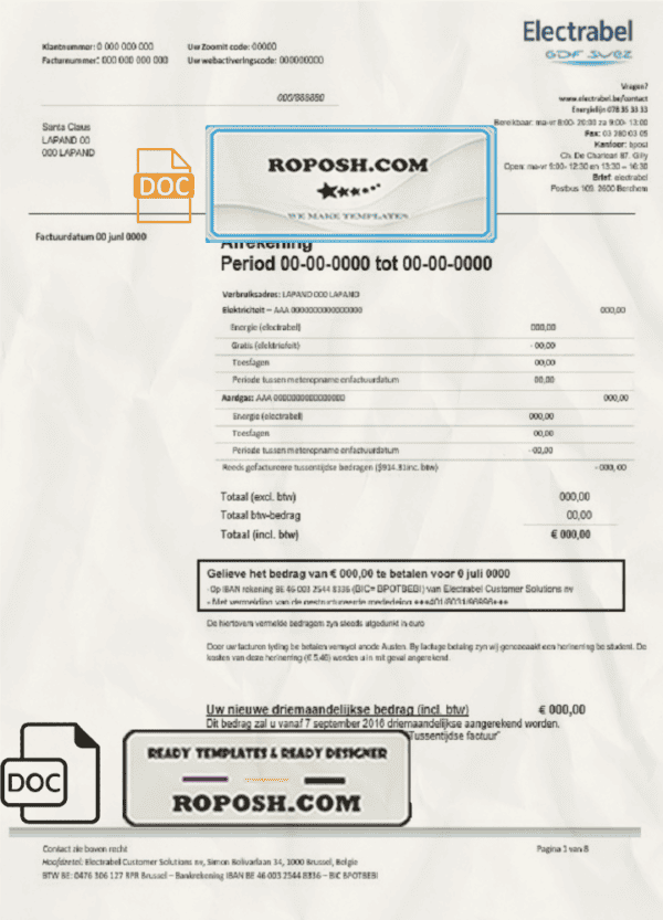 Belgium Electrabel electricity utility bill template, fully editable in Word and PDF format