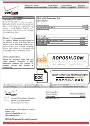 USA Verizon utility bill template in Word and PDF format