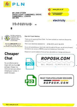Indonesia PLN electricity utility bill template, fully editable in PSD format