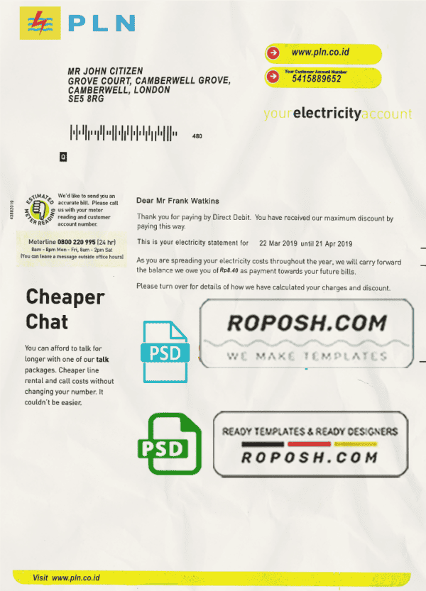 Indonesia PLN electricity utility bill template, fully editable in PSD format