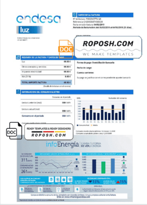 Spain Endesa luz utility bill template in Word and PDF format