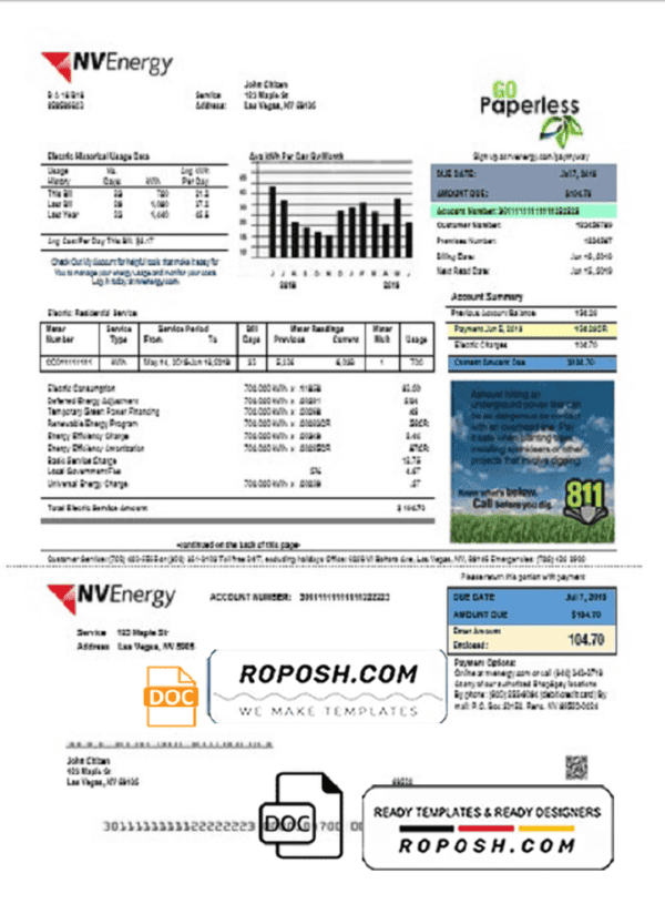 USA Nevada NV Energy utility bill template in Word and PDF format