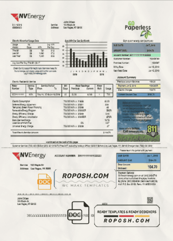 USA Nevada NV Energy utility bill template in Word and PDF format