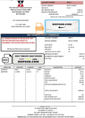 USA Arkansas West Memphis utility bill template in Word and PDF format