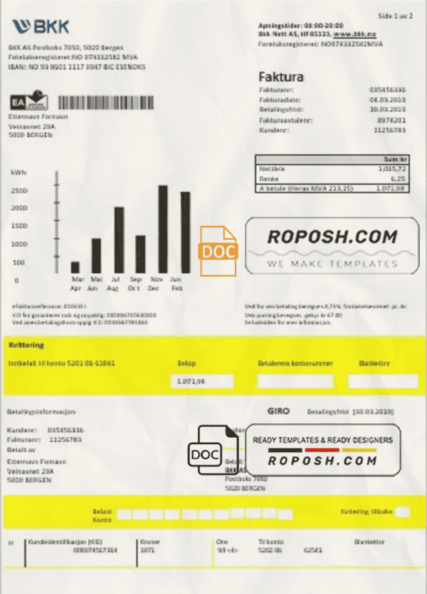 Norway BKK electricity utility bill template in Word and PDF format, good for address prove
