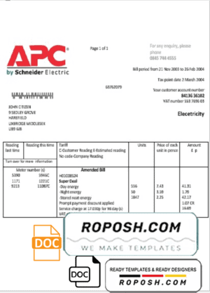 United Kingdom APC electricity utility bill template in Word and PDF format