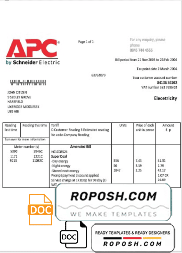 United Kingdom APC electricity utility bill template in Word and PDF format