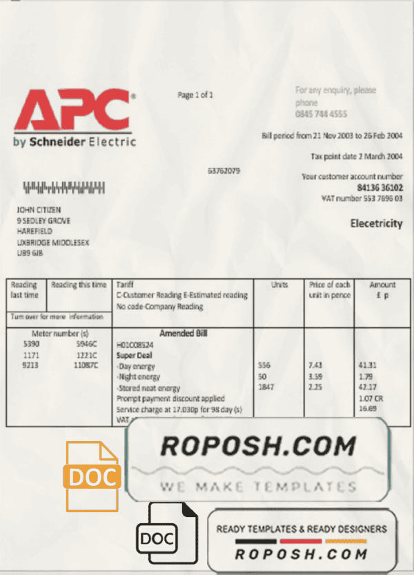 United Kingdom APC electricity utility bill template in Word and PDF format