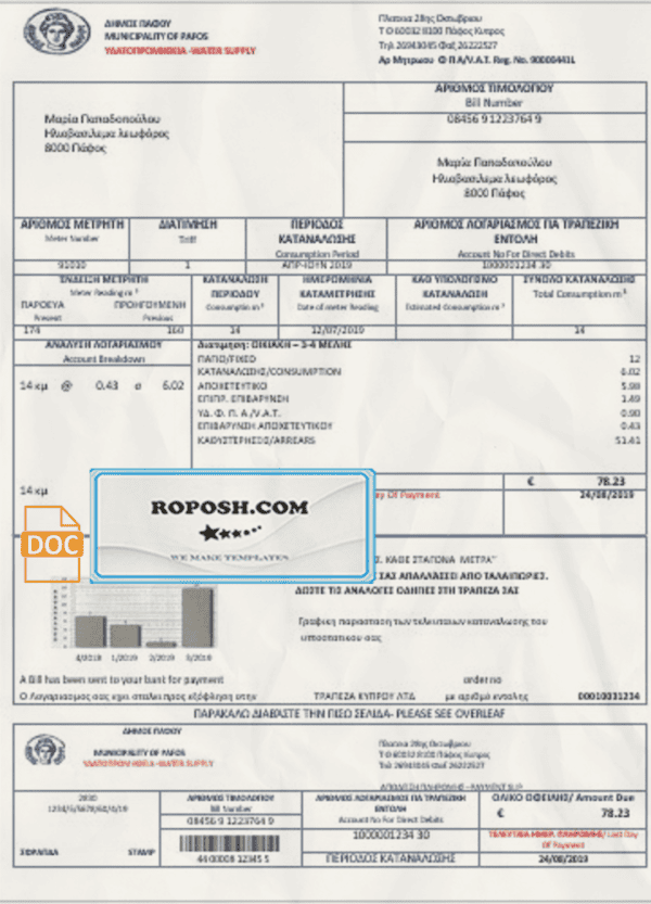 Cyprus water utility bill template in Word and PDF format, good for address prove