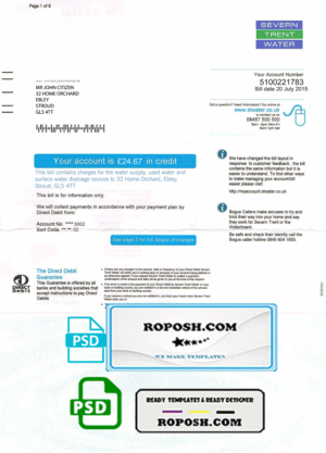 United Kingdom Severn Trent Water utility bill template, fully editable in PSD format