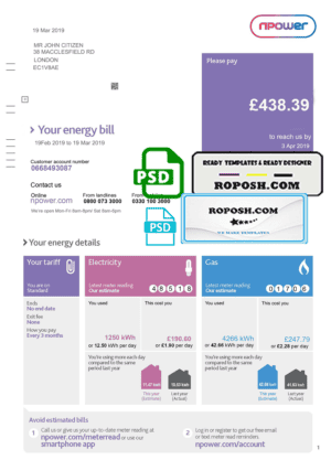 United Kingdom Npower utility bill template, fully editable in PSD format