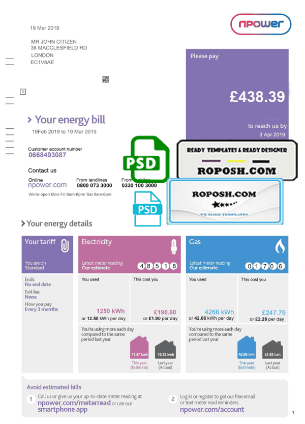 United Kingdom Npower utility bill template, fully editable in PSD format