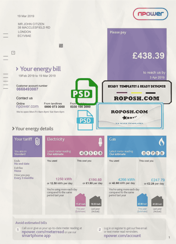 United Kingdom Npower utility bill template, fully editable in PSD format