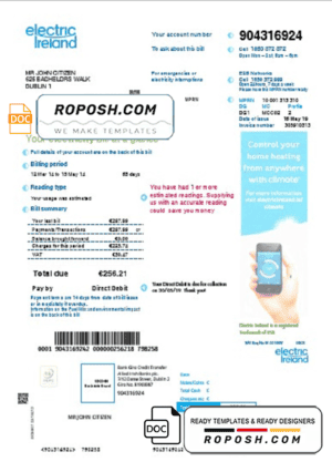 Ireland Electric Ireland utility bill template in Word and PDF format