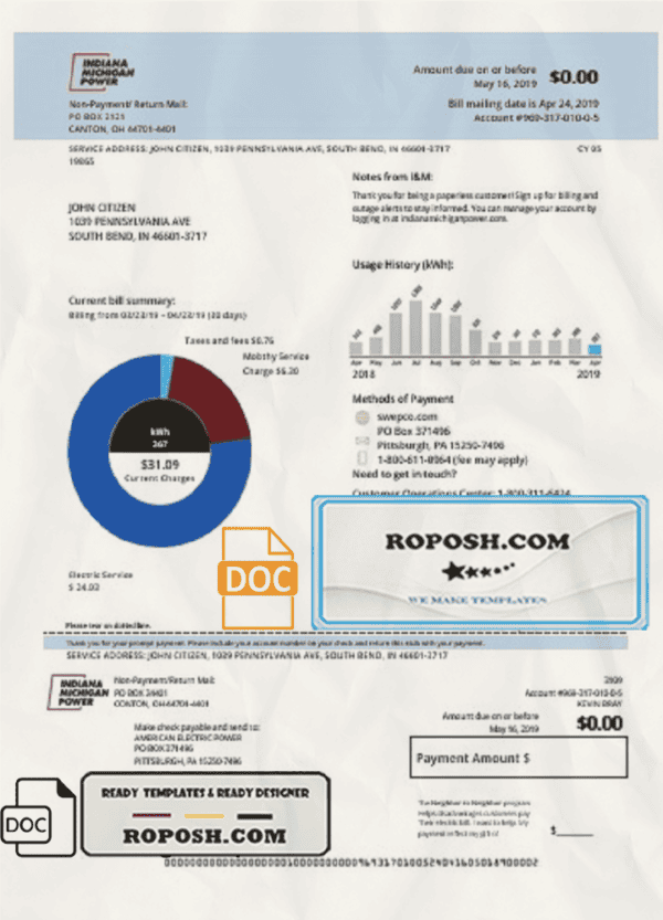 USA Indiana electricity utility bill template in Word and PDF format (.doc and .pdf)