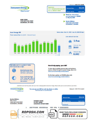 USA Michigan Consumers Energy utility bill template in Word and PDF format