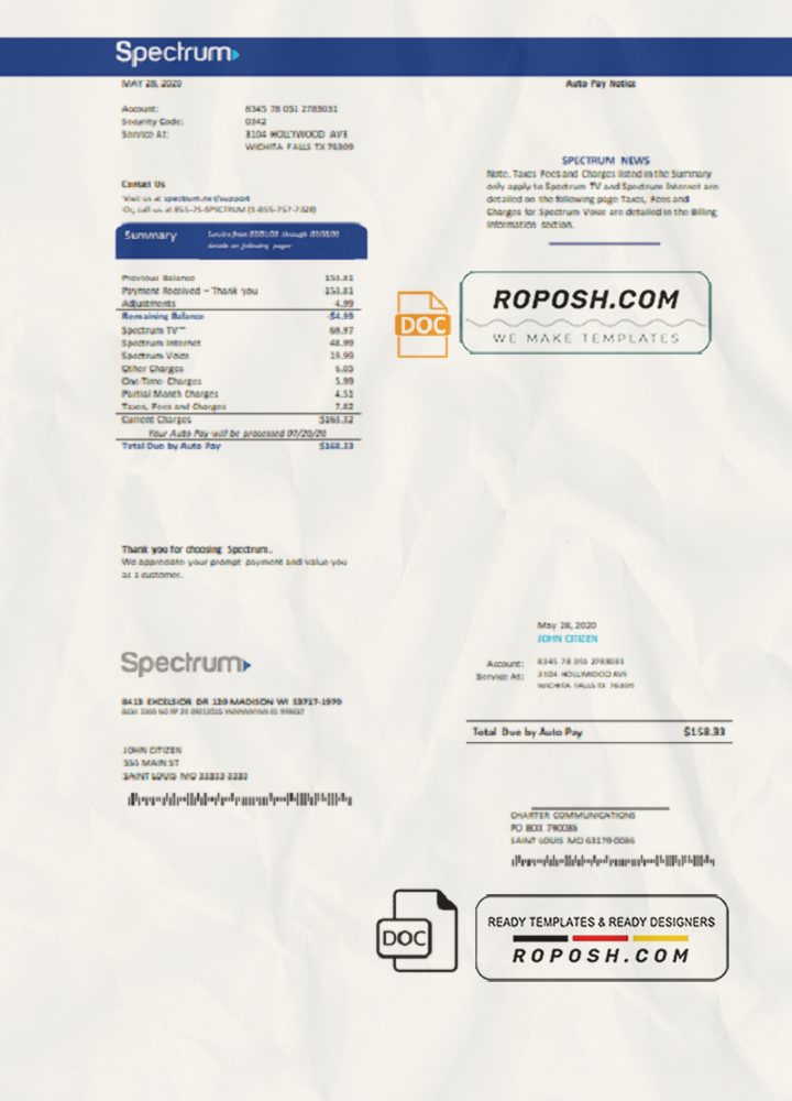 USA Spectrum utility bill template in Word and PDF format (.doc and .pdf) scan effect