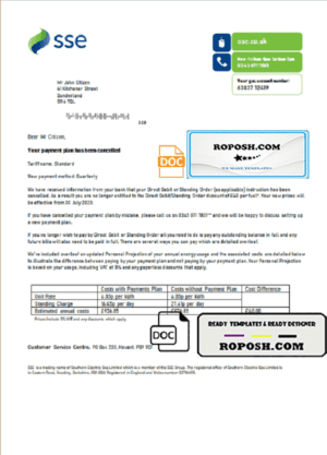 United Kingdom SSE Energy utility bill template in Word and PDF format, version 1