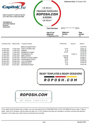 USA Capital One bank statement template, fully editable in PSD format, version 2