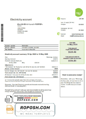 Australia Tru Energy electricity utility bill template in Word and PDF format