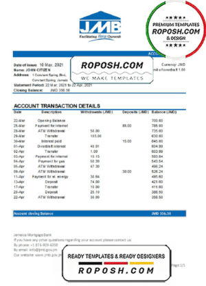 Jamaica Mortgage Bank statement easy to fill template in Excel and PDF format
