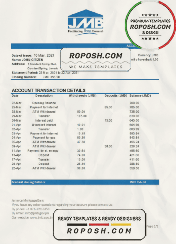 Jamaica Mortgage Bank statement easy to fill template in Excel and PDF format