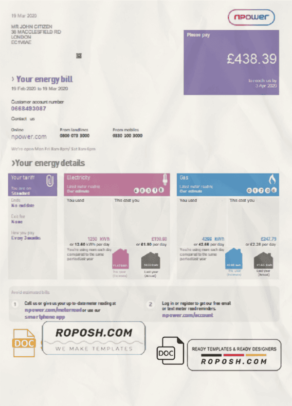 United Kingdom Npower utility bill template in Word and PDF format