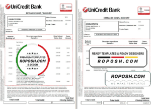 Romania UniCredit Bank statement template in Excel and PDF format (2 pages) in Romanian and English languages