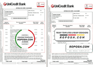 Romania UniCredit Bank statement template in Word and PDF format (2 pages) in Romanian and English languages