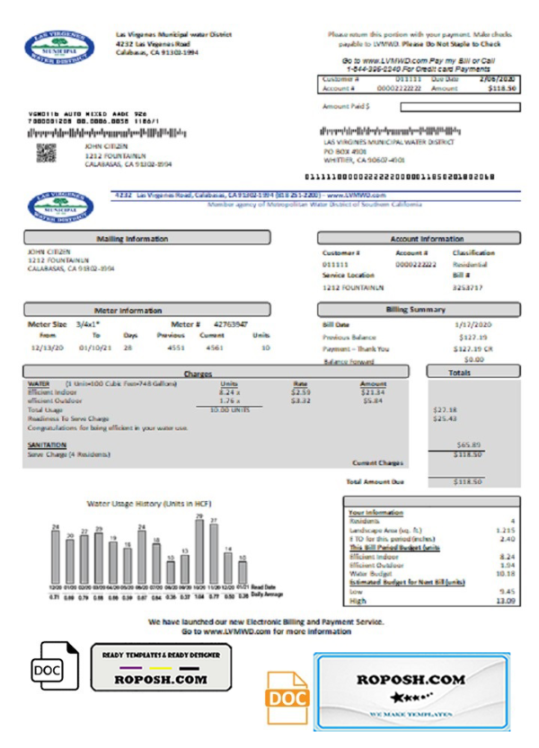 USA California Las Virgenes Municipal Water District utility bill template in Word and PDF format