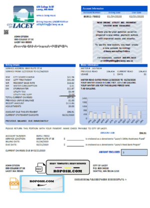 USA Washington City of Lacey water utility bill template in Word and PDF format (proof of address)