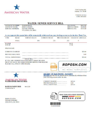 USA Georgia American Water utility bill template in Word and PDF format