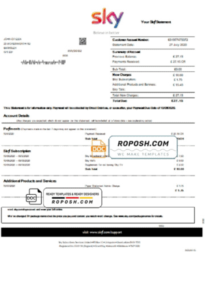 United Kingdom Sky utility bill statement template in Word and PDF format