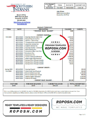 USA University of Southern Indiana account billing statement template in Word and PDF format