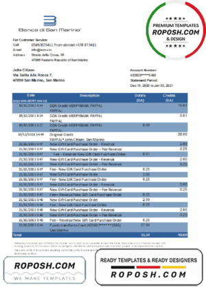 San Marino Banca di San Marino bank statement easy to fill template in Excel and PDF format