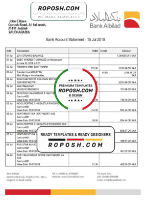 Saudi Arabia Bank Albilad bank statement template in Word and PDF format
