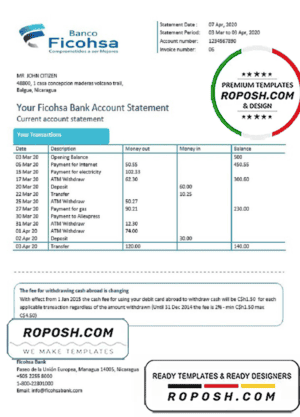 Nicaragua Banco Ficohsa bank proof of address statement template in Word and PDF format, .doc and .pdf format