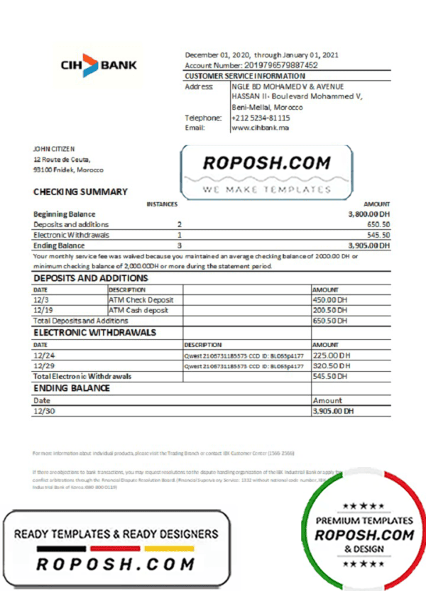 Morocco CIH Bank statement easy to fill template in Excel and PDF format