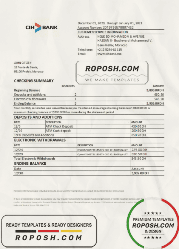 Morocco CIH Bank statement easy to fill template in Excel and PDF format